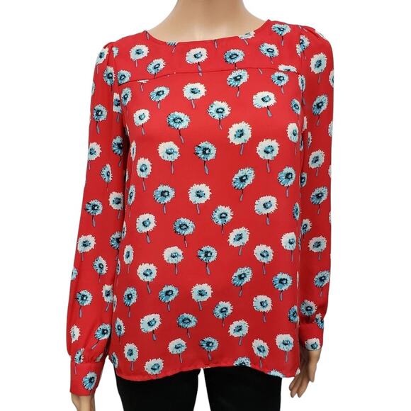 J. Crew Red Longfellow Floral Boatneck Top Blouse XS Red Long Sleeve K4901 - Picture 5 of 12